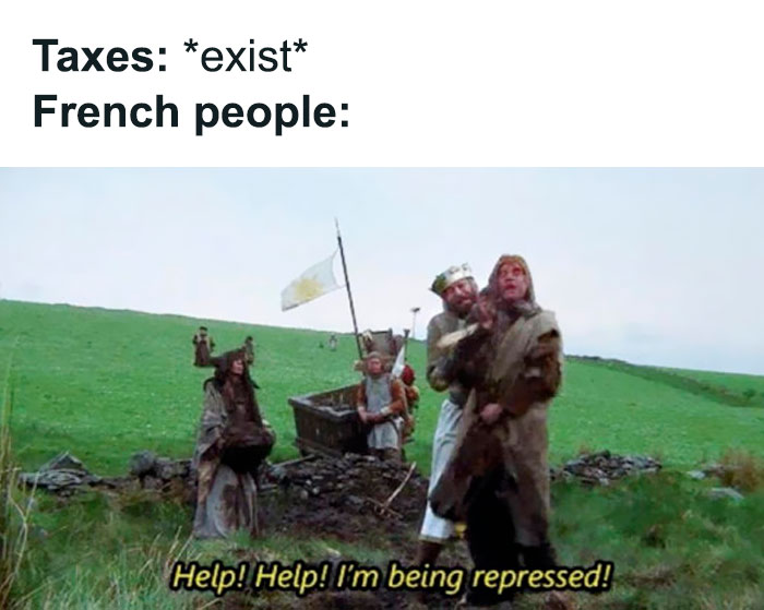 A humorous historical meme with medieval characters protesting taxes in a field.