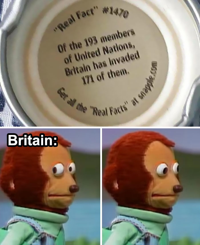 Monkey puppet meme reacting to a fact about Britain's historical invasions, highlighting historical meme humor.
