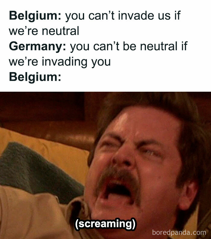 Hilarious historical meme featuring Belgium and Germany conversation, followed by a screaming scene.