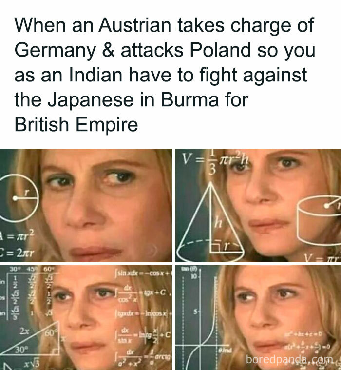 Confused woman meme with historical context about WWII and the British Empire.