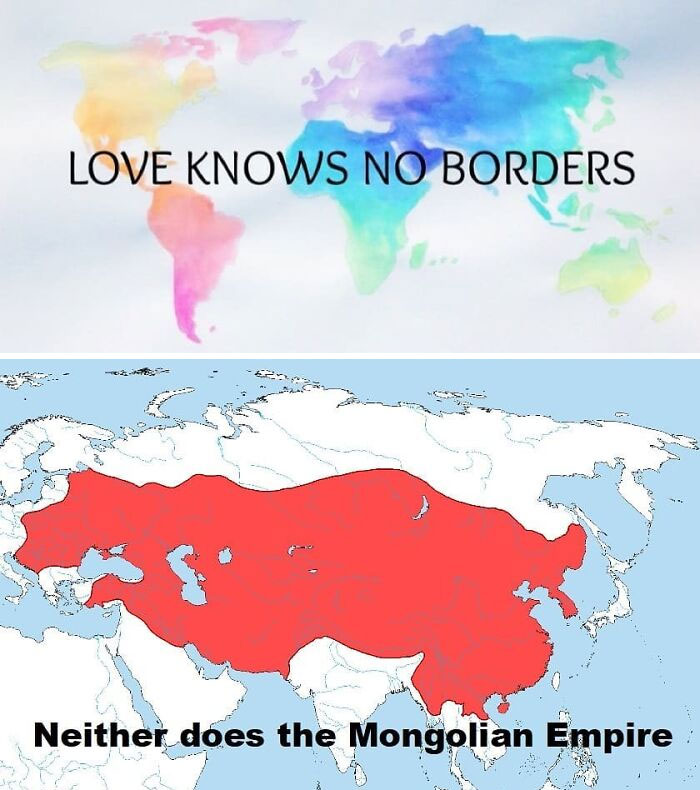 Map comparing the Mongolian Empire and a colorful world with text about historical memes.