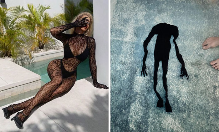 Online shopping fail: expectations of a stylish black outfit versus a comical, distorted shadow-shaped suit.