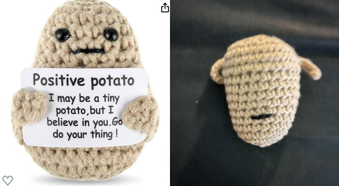 Online shopping fail: crochet potato with motivational message versus an unrecognizable crochet item.