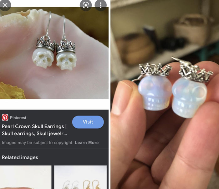 Online shopping fail with mismatched skull earrings; expected detailed design, received simpler version.