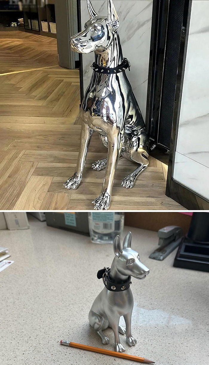 Online shopping fails: A large shiny dog statue compared with a smaller version next to a pencil.