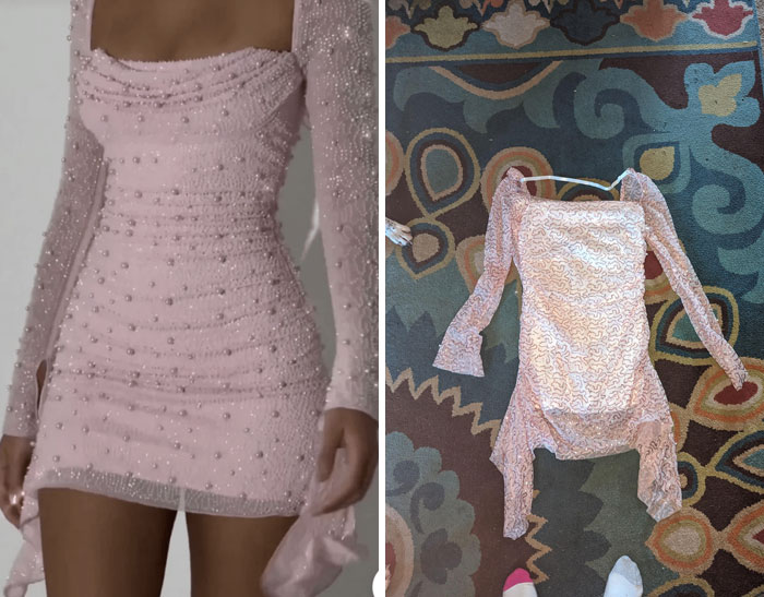 Online shopping fail: Elegant pink dress vs. poorly matched replica on carpet.