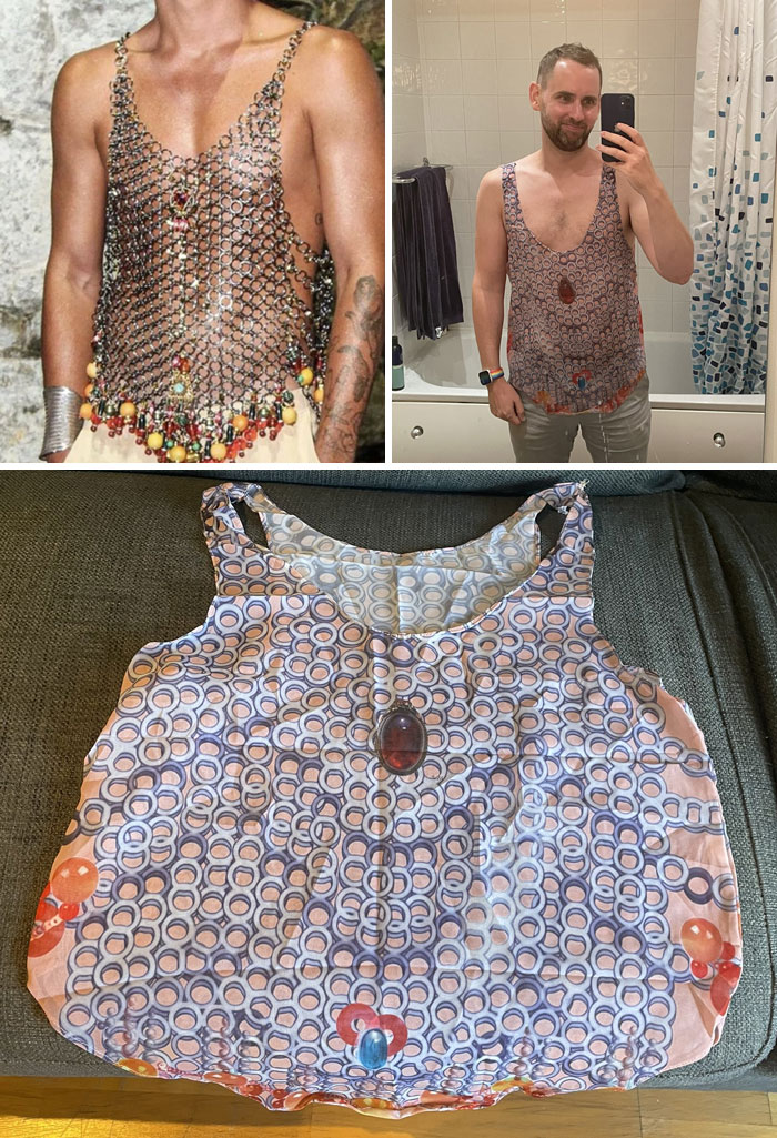 Online shopping fails: Expectation vs. reality with a beaded top and its humorous, mismatched delivery.