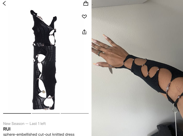 Online shopping fail showcasing a black cut-out dress ordered versus a partial arm piece received.