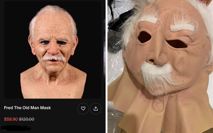 Online shopping fail: realistic old man mask shown versus a poorly made version received.