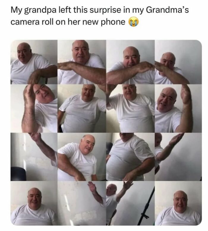 Collage of a man in a white shirt making humorous poses for a fun surprise on a phone camera roll.