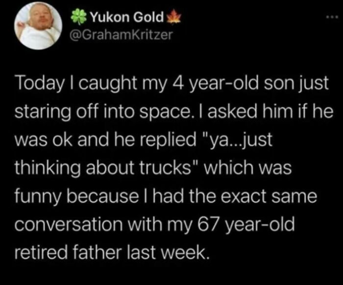 Humorous tweet about a child's and grandfather's shared love for trucks, showcasing women's humor.
