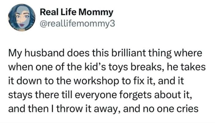 Humorous women's post about forgetting broken toys, featuring a clever parenting strategy.
