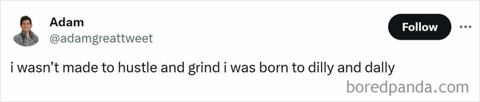 Humorous tweet saying, "I wasn’t made to hustle and grind, I was born to dilly and dally."