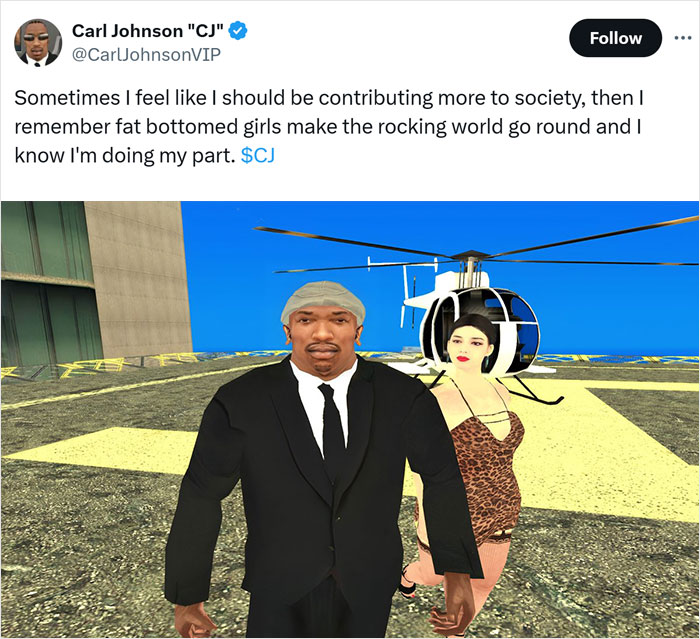 Virtual couple on a helipad in humorous 3D scene, capturing women's humor in a playful context.