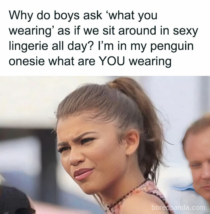 Woman making a confused face next to humorous text about wearing a penguin onesie, representing women's humor.