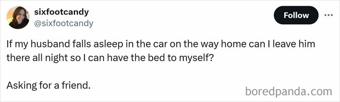 Humorous tweet about leaving husband asleep in the car, part of women's humor collection.