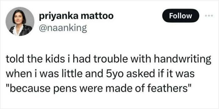 Humorous tweet about handwriting and kids' funny question, featuring a feather pen joke.