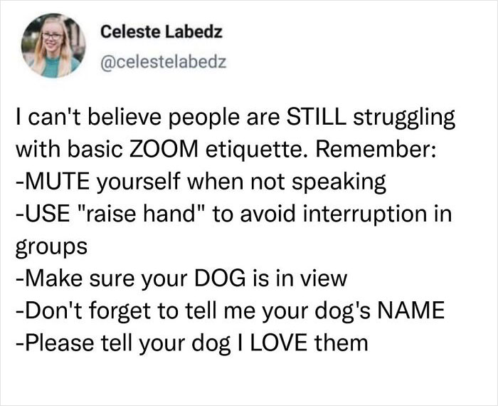 Tweet about Zoom etiquette with humorous tips, highlighting dogs in virtual meetings.
