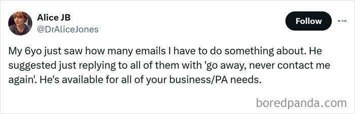 Funny tweet from a woman sharing her 6-year-old's humorous email management advice.