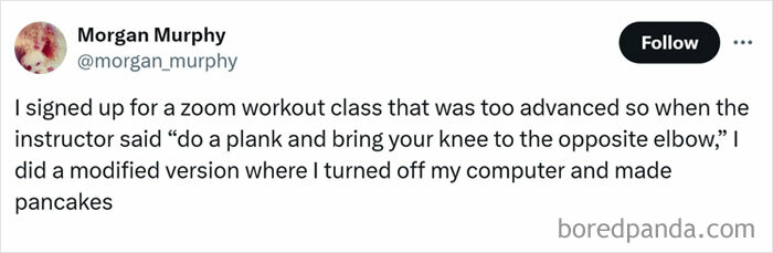 Tweet with women’s humor about skipping an advanced workout class to make pancakes instead.