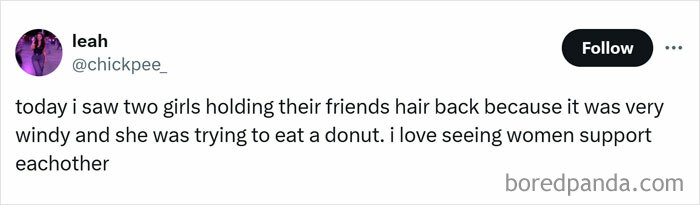 Tweet about women's humor featuring a funny story of friends helping each other with windy donut eating.