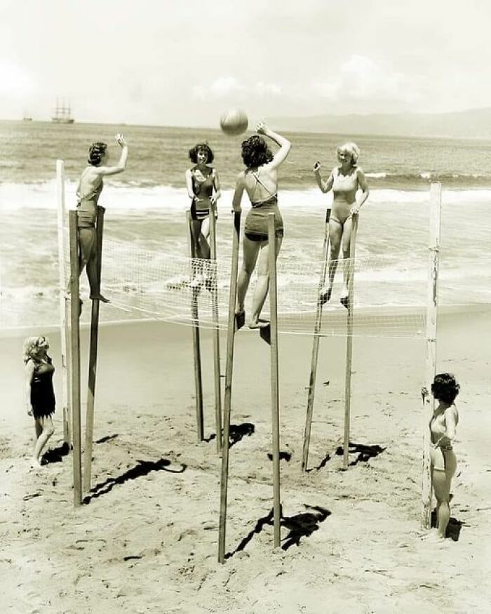 Four Young Women Playing Volleyball On Stilts At The Beach In Venice, California, 1934