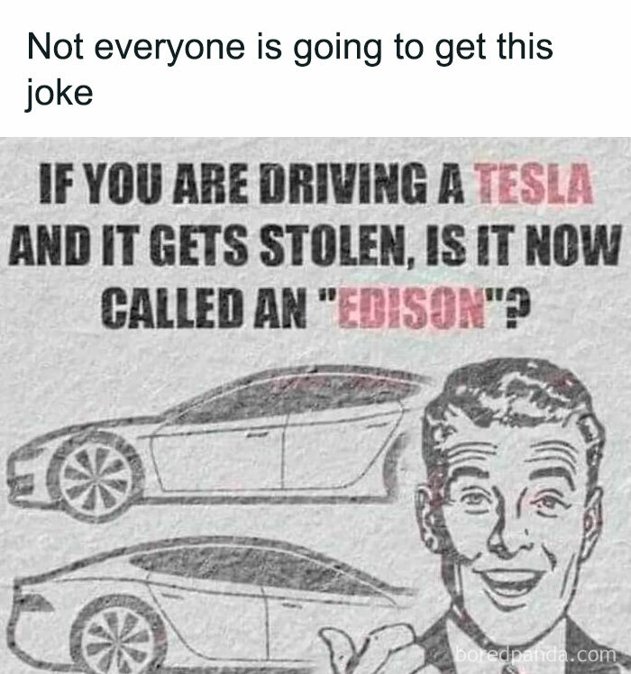Tesla Edison joke meme, including a retro illustration and text, related to history lessons from 'History Told In Memes'.