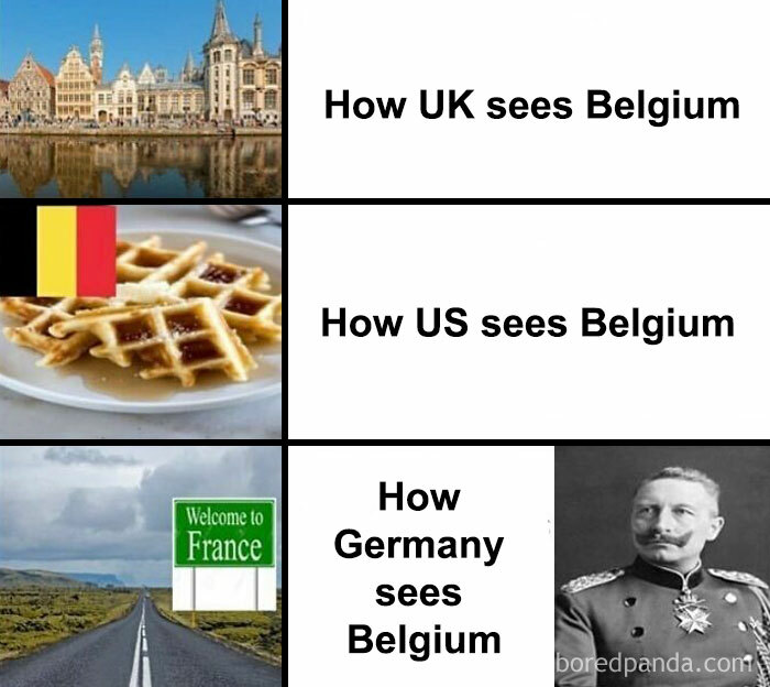 Meme depicting UK, US, and Germany's humorous views on Belgium with images of architecture, waffles, and a road sign.