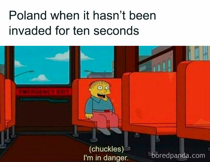 Meme about Poland's historical invasions, featuring a cartoon character saying, "I'm in danger," from "History Told in Memes."