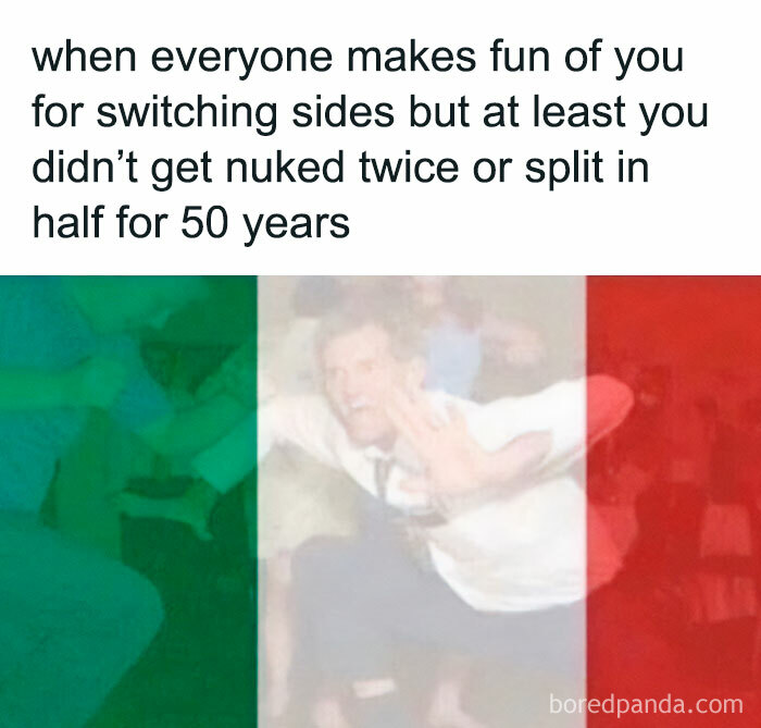Meme with Italian flag colors and text about war criticism, referencing historical events involving Germany.