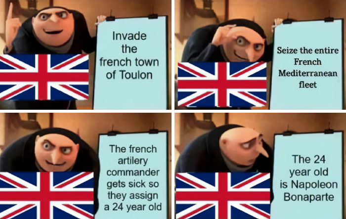 Meme about Napoleon Bonaparte's early military success, featuring Gru's plan with British flags and historical text.