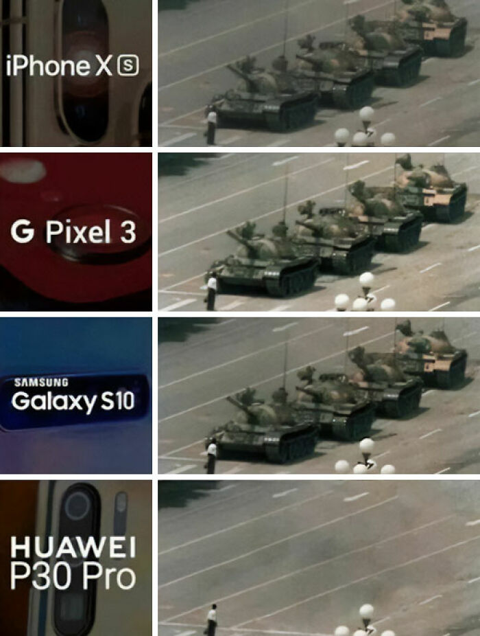 Comparison of smartphone cameras capturing iconic history scene with tanks and protester.
