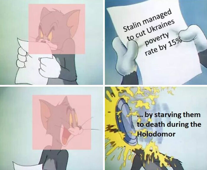 Cartoon cat reading a shocking history meme about Stalin and the Holodomor.