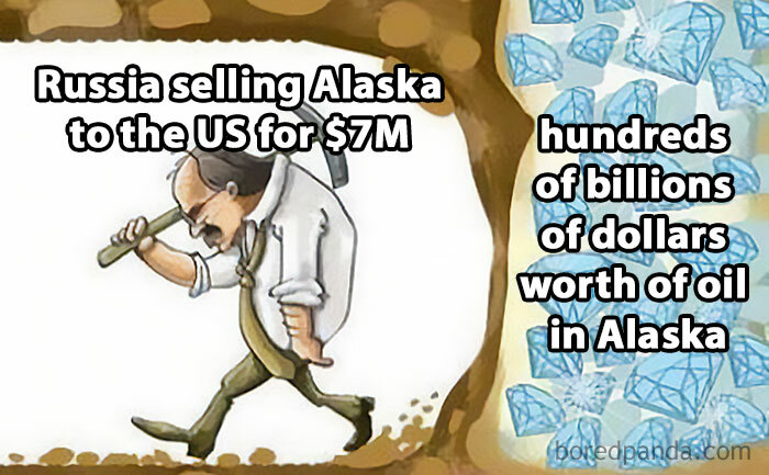 Cartoon of Russia selling Alaska for $7M, highlighting missed oil wealth; history lesson from 'History Told in Memes'.