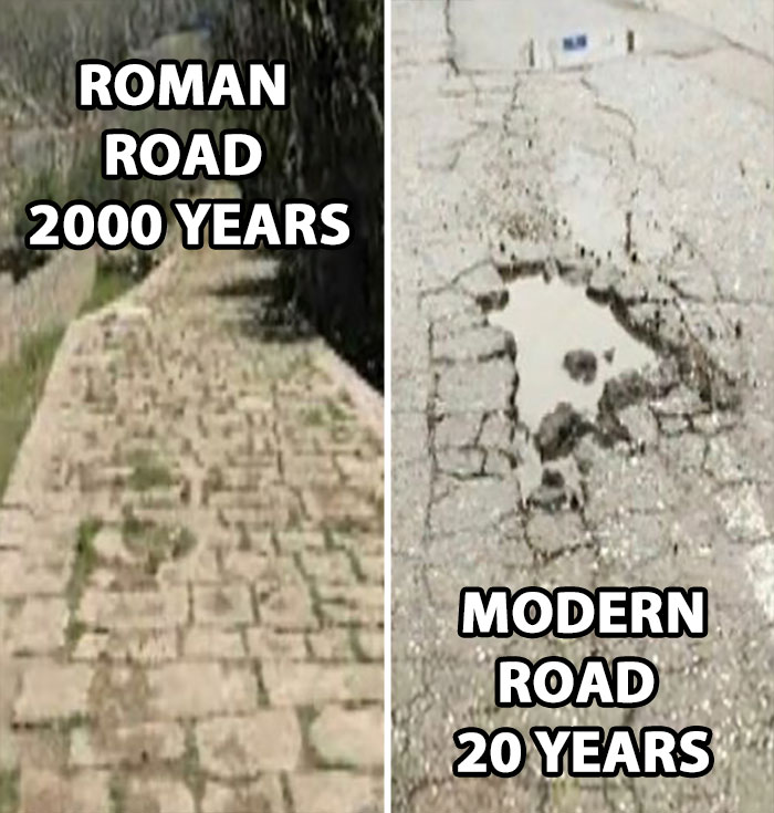 Comparison of a durable 2000-year-old Roman road and a deteriorated modern road after 20 years, highlighting history lessons.