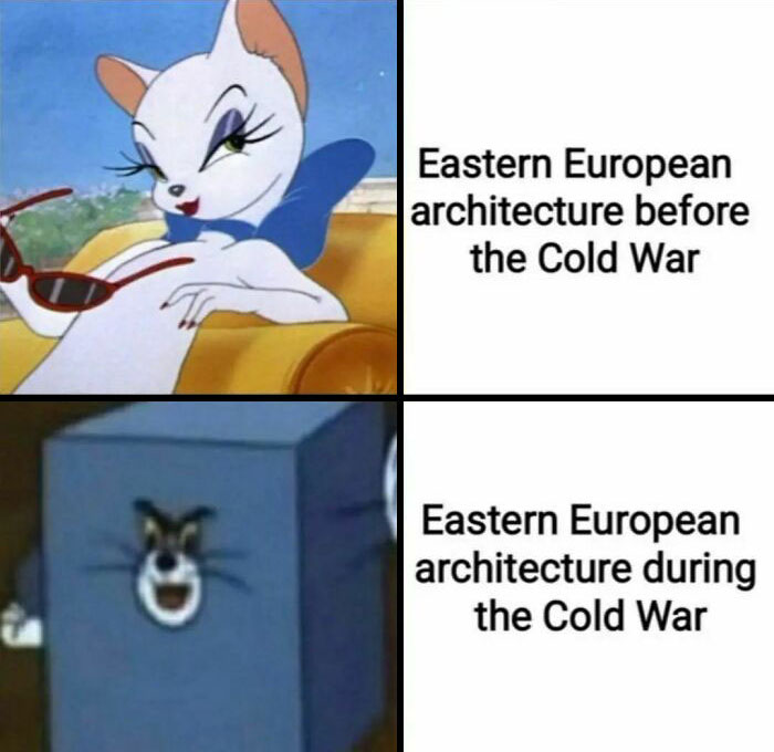 Meme contrasting Eastern European architecture pre- and during the Cold War with cartoon imagery.