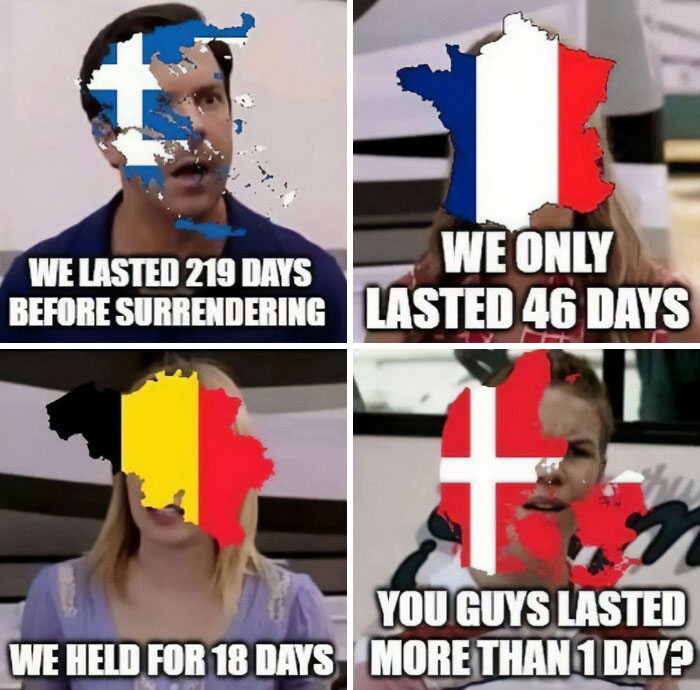 History memes illustrating surrender durations of Finland, France, Belgium, and Denmark during wartime.
