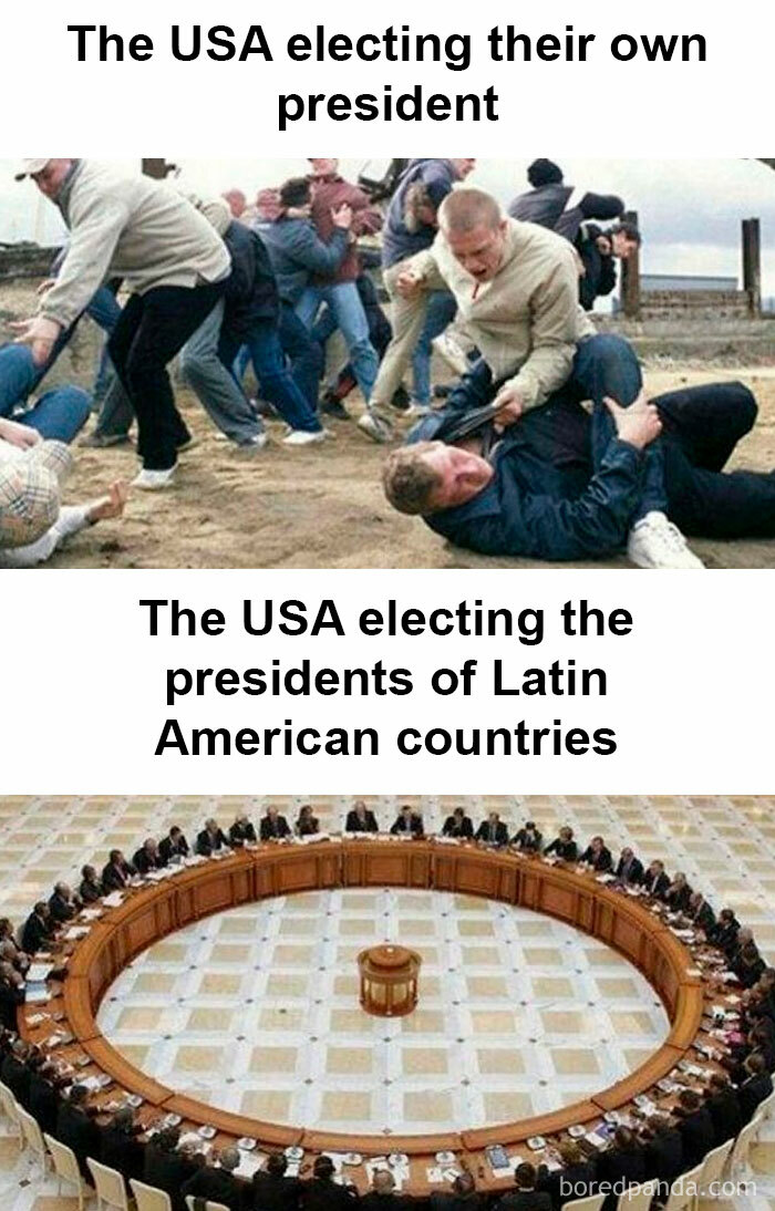 History meme contrasting USA presidential elections with influence in Latin America.