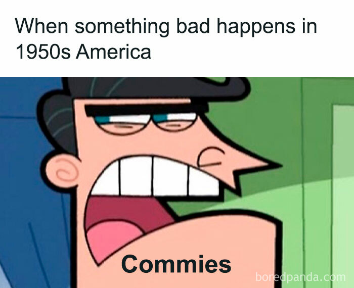 Cartoon character labeled "Commies" expressing frustration about events in 1950s America, humorously highlighting history lessons.