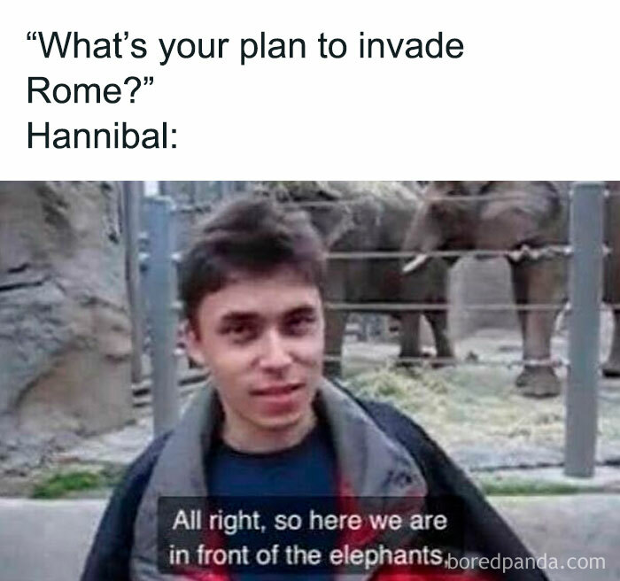Man in front of elephants, meme about Hannibal's plan to invade Rome, blending humor with a history lesson.