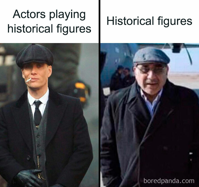 Actors portraying historical figures and actual historical figures for history lessons in memes.