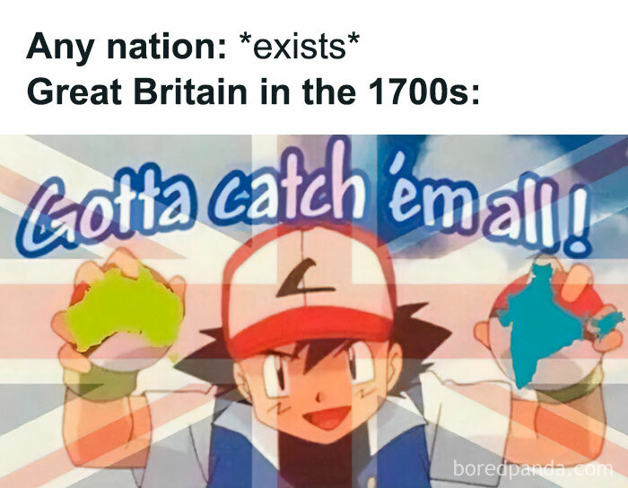 Cartoon character with maps, humorously depicting Great Britain's colonial era catchphrase.