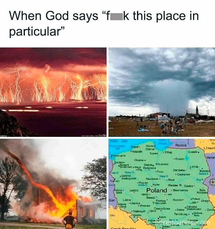 Meme featuring extreme weather events and a map of Poland related to history lessons.
