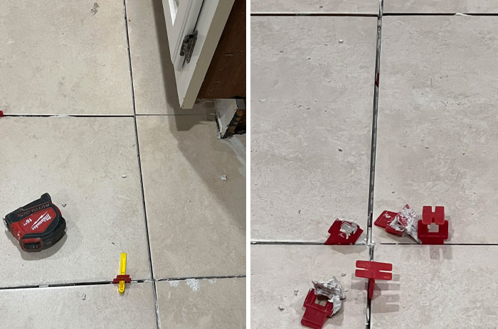 Unevenly laid floor tiles with visible gaps, highlighting a home improvement fail.