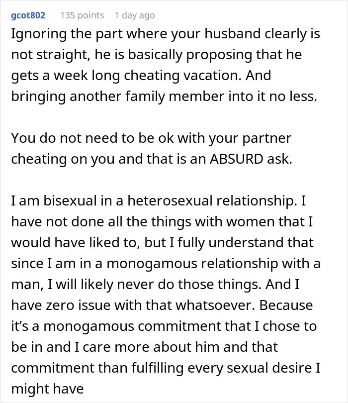 Text commentary on husband's gaycation request, discussing monogamy and commitment in relationships.