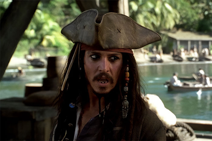 Pirate character with a tricorn hat and beads, standing on a dock with a tropical background, embodying flawless acting.