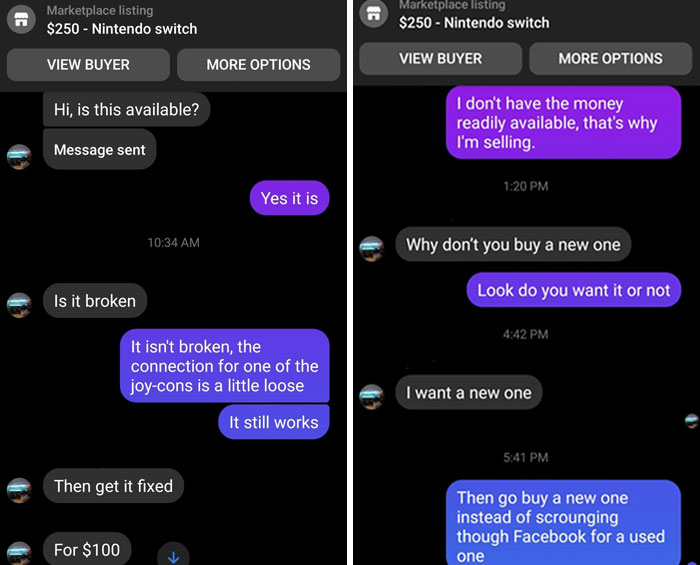 Weird interaction between buyer and seller on Facebook Marketplace about a Nintendo Switch.