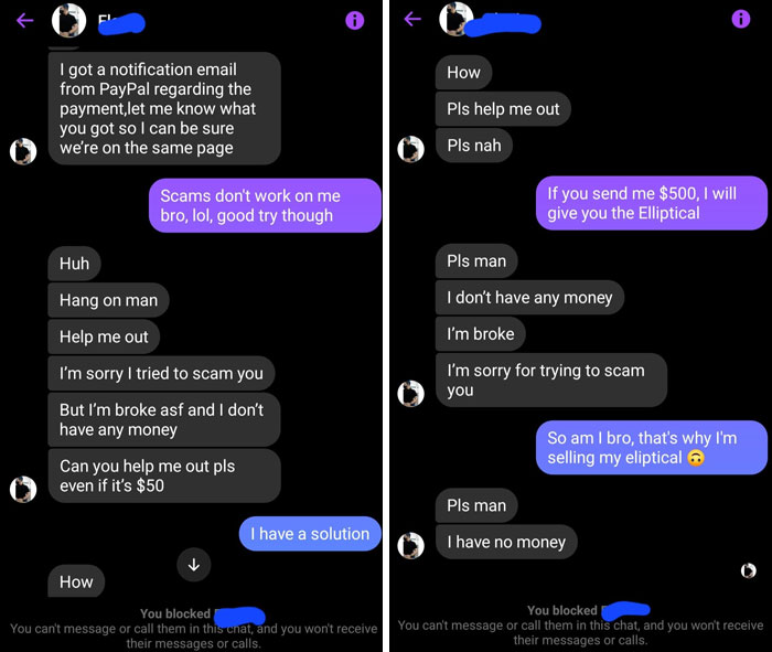Weird interactions on Facebook Marketplace featuring a scammer apologizing and seller humorously rejecting the scam attempt.