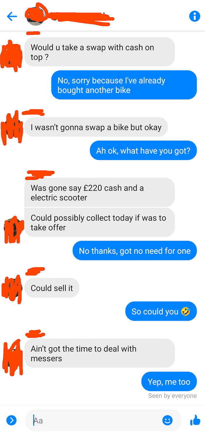 Weird Facebook Marketplace chat about bike swap and electric scooter deal.