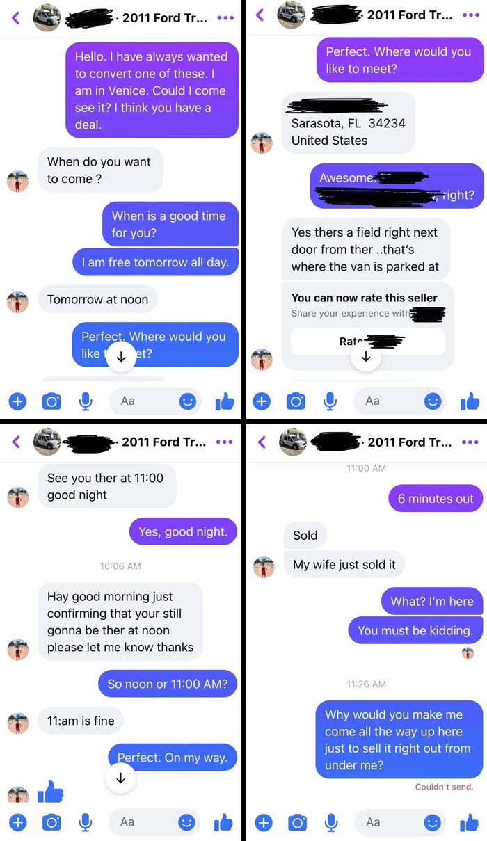 Weird interaction between buyer and seller on Facebook Marketplace over a truck, ending with a last-minute sale.
